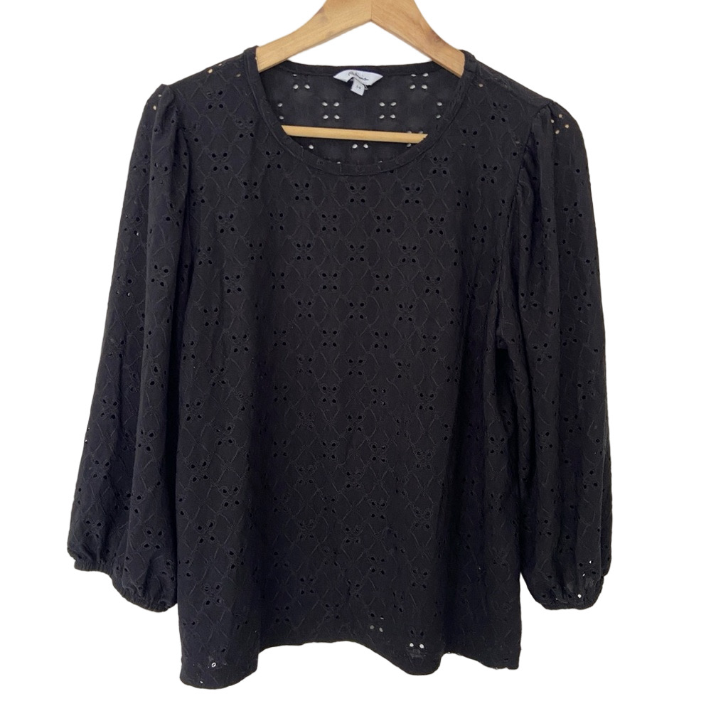 REITMANS BLACK EYELET DETAIL TOP/BLOUSE WITH BISHOP/BALLOON SLEEVES, LARGE